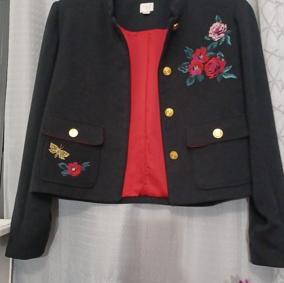 and eawy women's jacket black and gold buttons floral embroidery sz 6 and pocket - Picture 12 of 12
